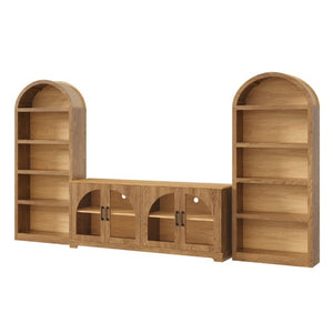 English Elm 3-Piece Farmhouse Entertainment Center with Arched Glass Doors and Open Bookshelf Towers N721S000070D