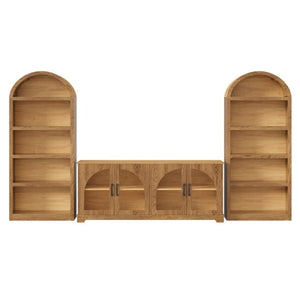 English Elm 3-Piece Farmhouse Entertainment Center with Arched Glass Doors and Open Bookshelf Towers N721S000070D