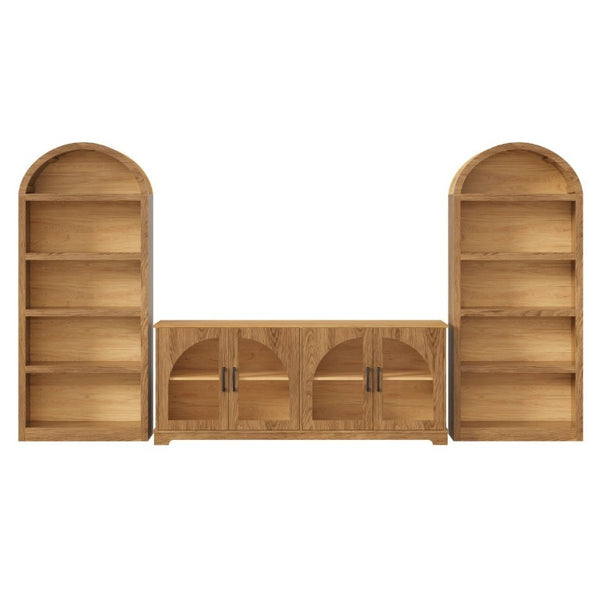 English Elm 3-Piece Farmhouse Entertainment Center with Arched Glass Doors and Open Bookshelf Towers N721S000070D