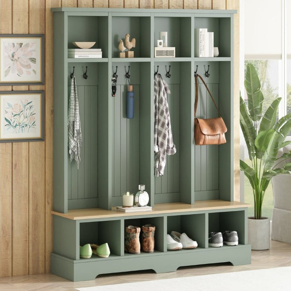 English Elm Farmhouse Hall Tree with Bench 8 Hooks Open Compartments Mudroom Entryway Storage N721S000075M-1