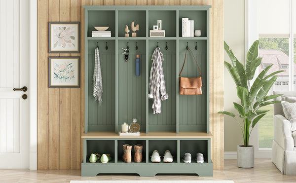English Elm Farmhouse Hall Tree with Bench 8 Hooks Open Compartments Mudroom Entryway Storage N721S000075M-1