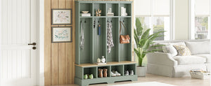 English Elm Farmhouse Hall Tree with Bench 8 Hooks Open Compartments Mudroom Entryway Storage N721S000075M-1