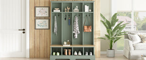 English Elm Farmhouse Hall Tree with Bench 8 Hooks Open Compartments Mudroom Entryway Storage N721S000075M-1