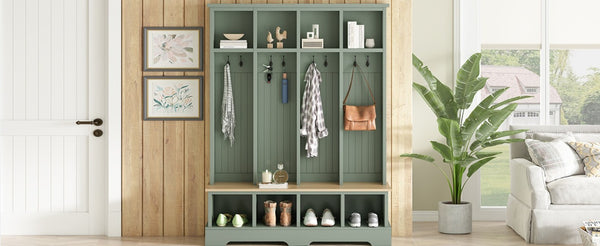 English Elm Farmhouse Hall Tree with Bench 8 Hooks Open Compartments Mudroom Entryway Storage N721S000075M-1