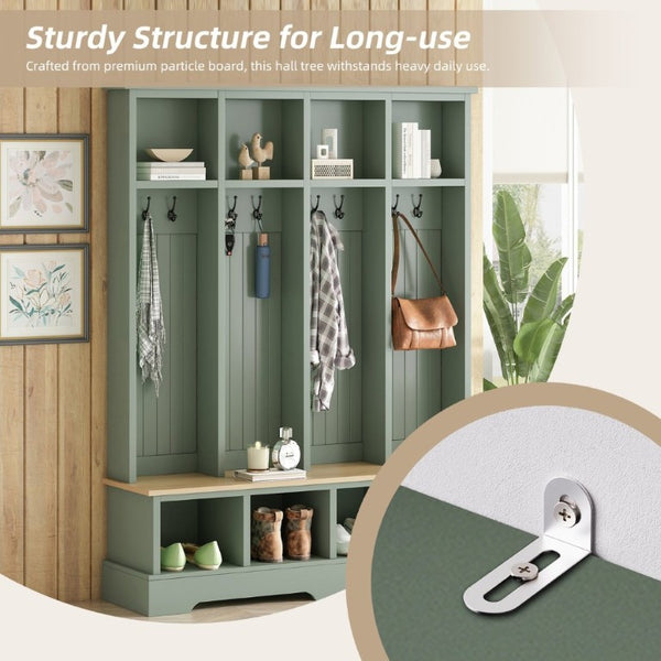 English Elm Farmhouse Hall Tree with Bench 8 Hooks Open Compartments Mudroom Entryway Storage N721S000075M-1
