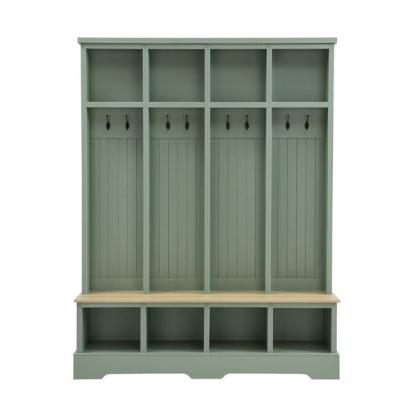 English Elm Farmhouse Hall Tree with Bench 8 Hooks Open Compartments Mudroom Entryway Storage N721S000075M-1