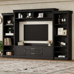 English Elm Elegant Farmhouse Wall Unit with Crown Molding Bookshelves and Gold Hardware Tv Console Black N721S000081B