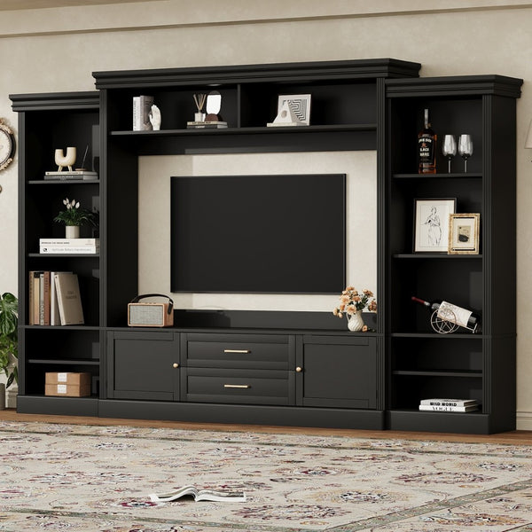 English Elm Elegant Farmhouse Wall Unit with Crown Molding Bookshelves and Gold Hardware Tv Console Black N721S000081B