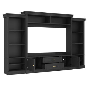English Elm Elegant Farmhouse Wall Unit with Crown Molding Bookshelves and Gold Hardware Tv Console Black N721S000081B