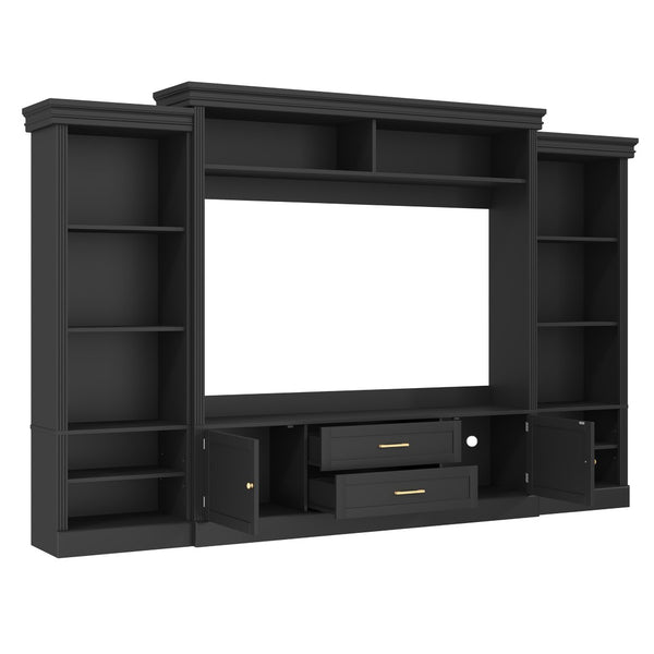 English Elm Elegant Farmhouse Wall Unit with Crown Molding Bookshelves and Gold Hardware Tv Console Black N721S000081B