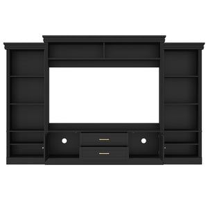 English Elm Elegant Farmhouse Wall Unit with Crown Molding Bookshelves and Gold Hardware Tv Console Black N721S000081B
