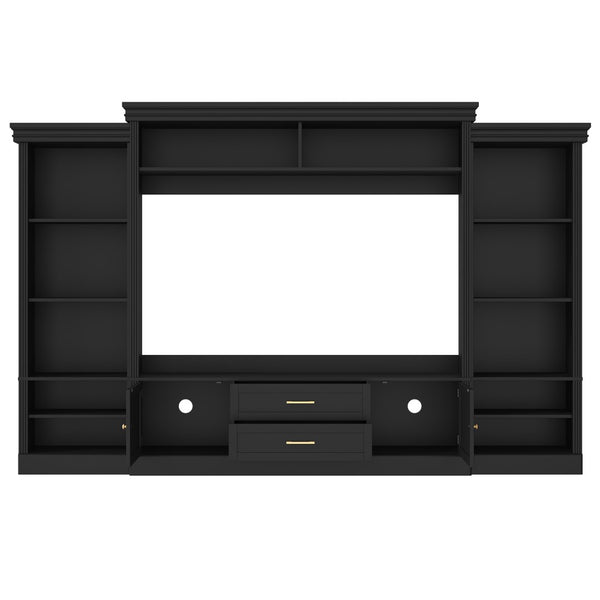 English Elm Elegant Farmhouse Wall Unit with Crown Molding Bookshelves and Gold Hardware Tv Console Black N721S000081B