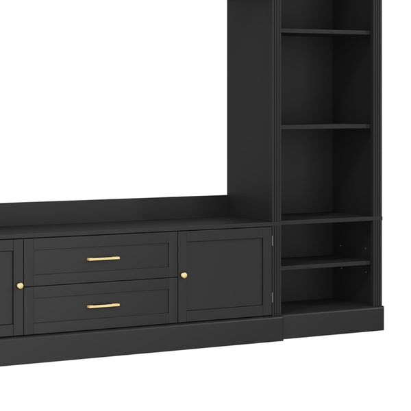 English Elm Elegant Farmhouse Wall Unit with Crown Molding Bookshelves and Gold Hardware Tv Console Black N721S000081B