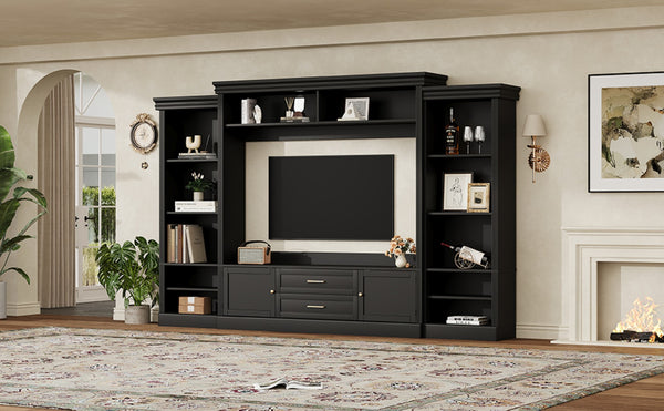 English Elm Elegant Farmhouse Wall Unit with Crown Molding Bookshelves and Gold Hardware Tv Console Black N721S000081B