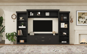 English Elm Elegant Farmhouse Wall Unit with Crown Molding Bookshelves and Gold Hardware Tv Console Black N721S000081B