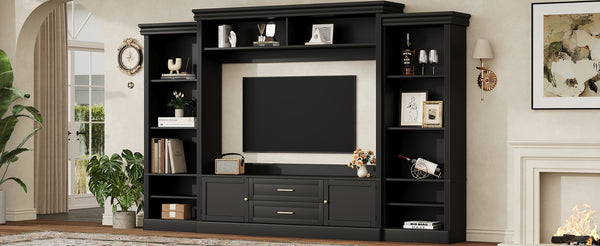 English Elm Elegant Farmhouse Wall Unit with Crown Molding Bookshelves and Gold Hardware Tv Console Black N721S000081B
