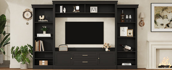 English Elm Elegant Farmhouse Wall Unit with Crown Molding Bookshelves and Gold Hardware Tv Console Black N721S000081B