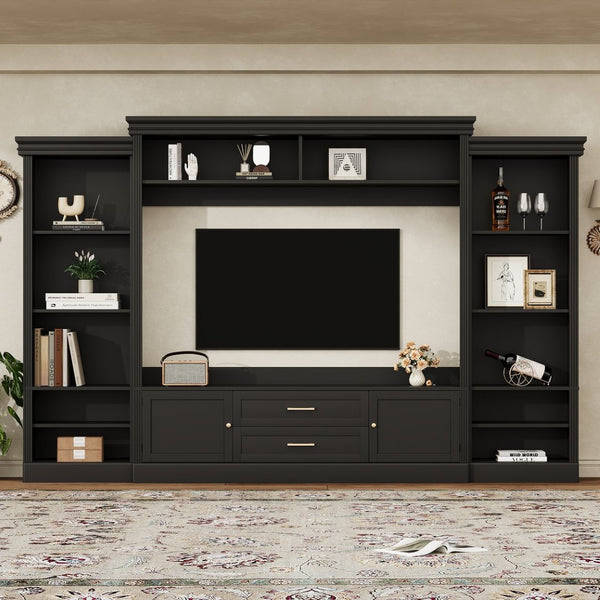 English Elm Elegant Farmhouse Wall Unit with Crown Molding Bookshelves and Gold Hardware Tv Console Black N721S000081B