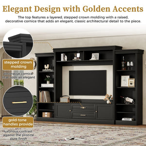 English Elm Elegant Farmhouse Wall Unit with Crown Molding Bookshelves and Gold Hardware Tv Console Black N721S000081B