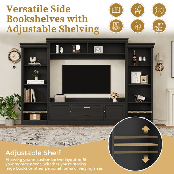 English Elm Elegant Farmhouse Wall Unit with Crown Molding Bookshelves and Gold Hardware Tv Console Black N721S000081B