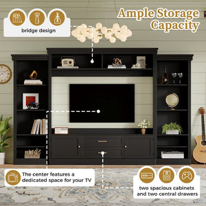 English Elm Elegant Farmhouse Wall Unit with Crown Molding Bookshelves and Gold Hardware Tv Console Black N721S000081B