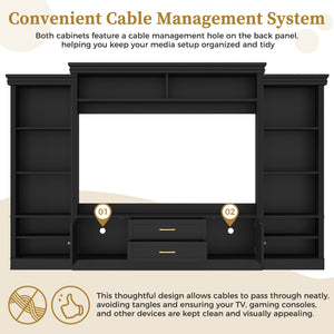 English Elm Elegant Farmhouse Wall Unit with Crown Molding Bookshelves and Gold Hardware Tv Console Black N721S000081B