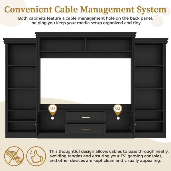 English Elm Elegant Farmhouse Wall Unit with Crown Molding Bookshelves and Gold Hardware Tv Console Black N721S000081B