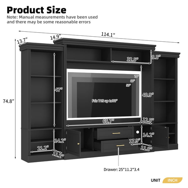 English Elm Elegant Farmhouse Wall Unit with Crown Molding Bookshelves and Gold Hardware Tv Console Black N721S000081B