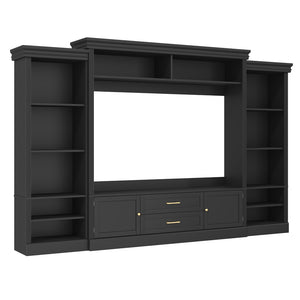 English Elm Elegant Farmhouse Wall Unit with Crown Molding Bookshelves and Gold Hardware Tv Console Black N721S000081B