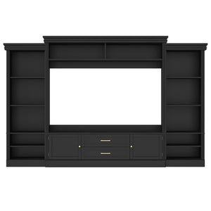 English Elm Elegant Farmhouse Wall Unit with Crown Molding Bookshelves and Gold Hardware Tv Console Black N721S000081B