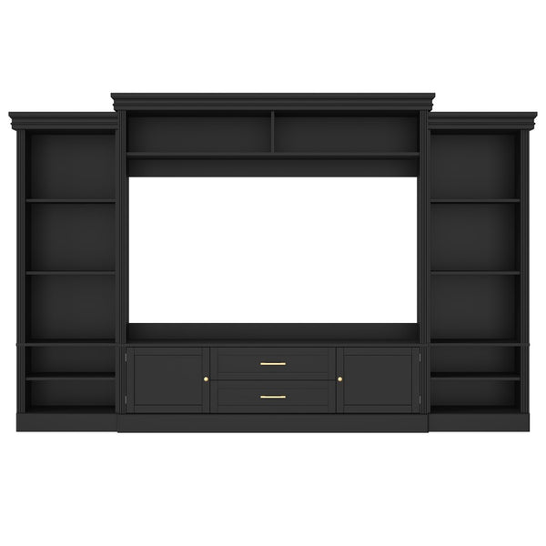 English Elm Elegant Farmhouse Wall Unit with Crown Molding Bookshelves and Gold Hardware Tv Console Black N721S000081B