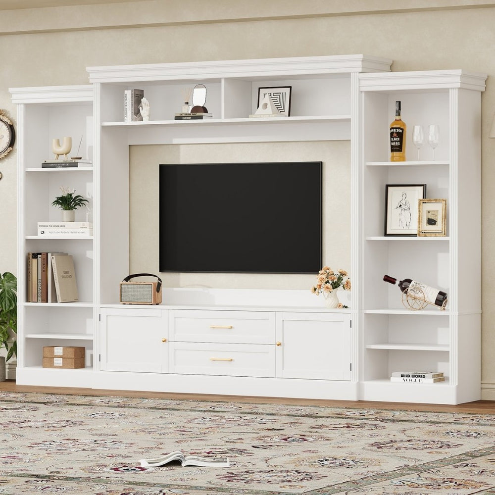 English Elm Elegant Farmhouse Wall Unit with Crown Molding Bookshelves and Gold Hardware Tv Console White N721S000081K