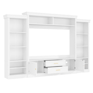 English Elm Elegant Farmhouse Wall Unit with Crown Molding Bookshelves and Gold Hardware Tv Console White N721S000081K