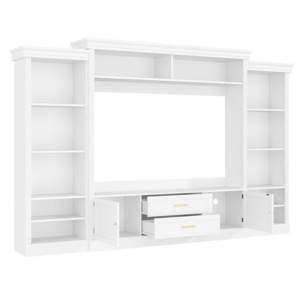 English Elm Elegant Farmhouse Wall Unit with Crown Molding Bookshelves and Gold Hardware Tv Console White N721S000081K