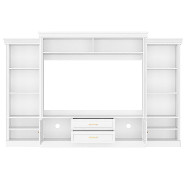English Elm Elegant Farmhouse Wall Unit with Crown Molding Bookshelves and Gold Hardware Tv Console White N721S000081K