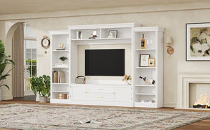 English Elm Elegant Farmhouse Wall Unit with Crown Molding Bookshelves and Gold Hardware Tv Console White N721S000081K