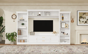 English Elm Elegant Farmhouse Wall Unit with Crown Molding Bookshelves and Gold Hardware Tv Console White N721S000081K