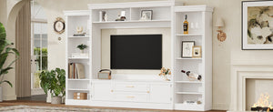 English Elm Elegant Farmhouse Wall Unit with Crown Molding Bookshelves and Gold Hardware Tv Console White N721S000081K