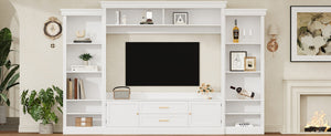 English Elm Elegant Farmhouse Wall Unit with Crown Molding Bookshelves and Gold Hardware Tv Console White N721S000081K