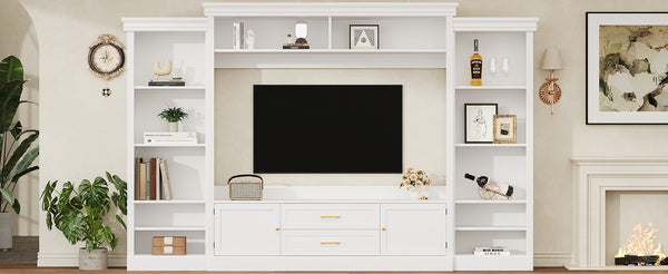 English Elm Elegant Farmhouse Wall Unit with Crown Molding Bookshelves and Gold Hardware Tv Console White N721S000081K