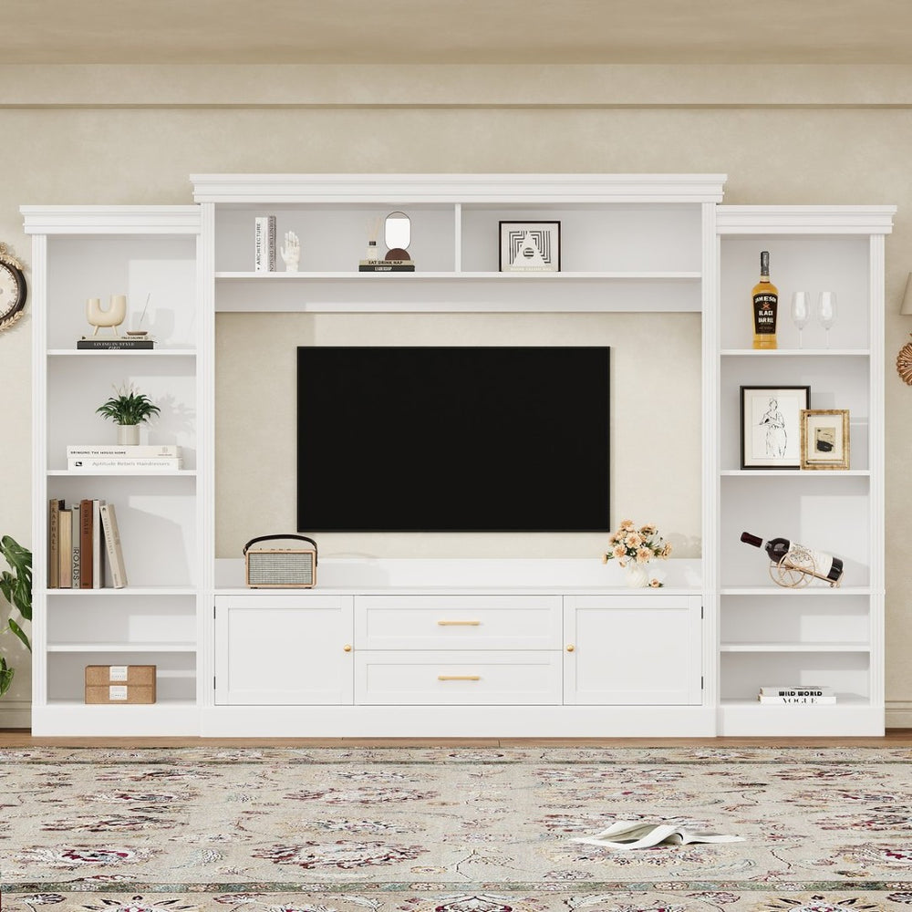 English Elm Elegant Farmhouse Wall Unit with Crown Molding Bookshelves and Gold Hardware Tv Console White N721S000081K