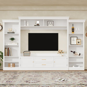 English Elm Elegant Farmhouse Wall Unit with Crown Molding Bookshelves and Gold Hardware Tv Console White N721S000081K