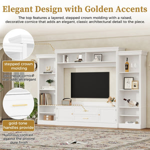English Elm Elegant Farmhouse Wall Unit with Crown Molding Bookshelves and Gold Hardware Tv Console White N721S000081K