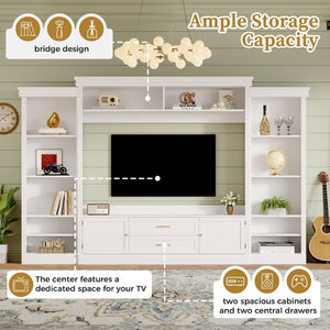 English Elm Elegant Farmhouse Wall Unit with Crown Molding Bookshelves and Gold Hardware Tv Console White N721S000081K