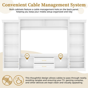English Elm Elegant Farmhouse Wall Unit with Crown Molding Bookshelves and Gold Hardware Tv Console White N721S000081K