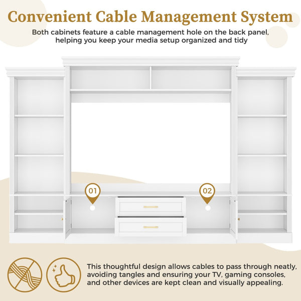 English Elm Elegant Farmhouse Wall Unit with Crown Molding Bookshelves and Gold Hardware Tv Console White N721S000081K