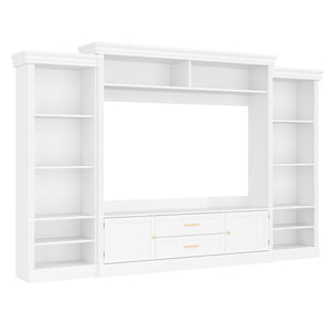 English Elm Elegant Farmhouse Wall Unit with Crown Molding Bookshelves and Gold Hardware Tv Console White N721S000081K