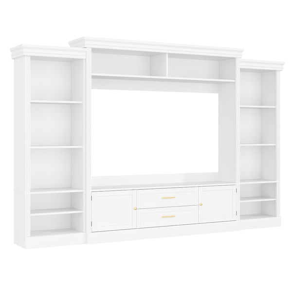 English Elm Elegant Farmhouse Wall Unit with Crown Molding Bookshelves and Gold Hardware Tv Console White N721S000081K