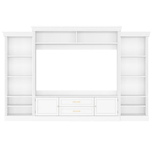 English Elm Elegant Farmhouse Wall Unit with Crown Molding Bookshelves and Gold Hardware Tv Console White N721S000081K
