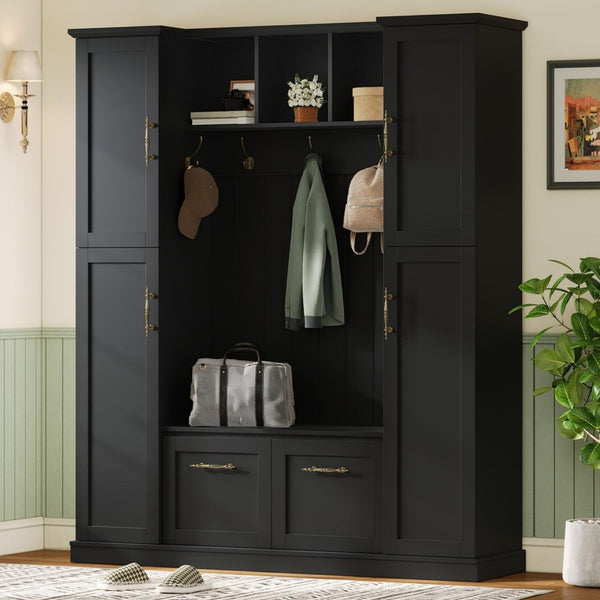 English Elm On-trend Farmhouse Hall Tree Beadboard Entryway Storage Bench with Six Cabinets Hooks Black N721S000082B